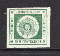 URUGUAY - 1859 - CLASSIC ISSUES: 180c deep green 'Montevideo' SUN issue, thin figures of value, a fine mint copy with full O.G. Four large margins. (SG 12)  (URU/36717)