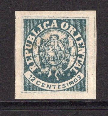 URUGUAY - 1864 - CLASSIC ISSUES: 12c slate blue 'Arms' issue a fine mint copy with full O.G. and four large margins. A very distinctive shade. (SG 23c)  (URU/36739)