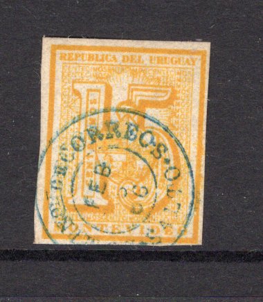URUGUAY - 1866 - NUMERAL ISSUE & CANCELLATION: 15c yellow orange 'Numeral' issue a fine used copy with SALTO cds dated FEB 5 1866, four margins. Scarce early use in the first 35 days of issue. (SG 31b)  (URU/36750)