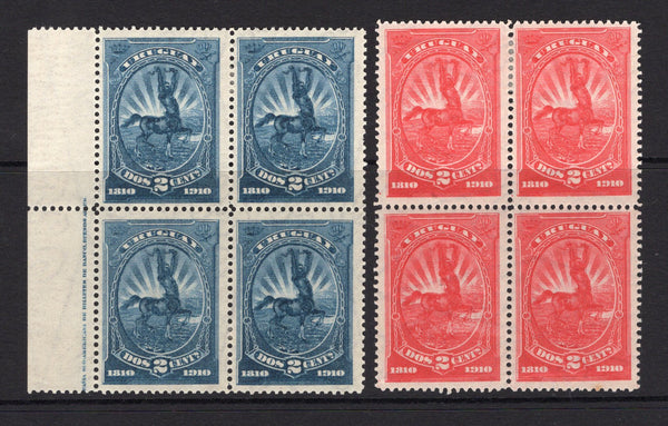 URUGUAY - 1910 - VARIETY: 2c blue and 5c carmine red 'Centenary of Argentine Revolution' issue, the two stamps in UNISSUED colours in fine mint blocks of four. (As SG 286/287)  (URU/36776)