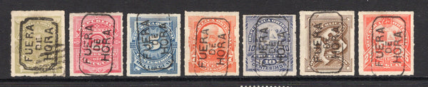 URUGUAY - 1888 - CANCELLATION: 1c green to 25c vermilion 'Colour Change' issue, the set of seven all with fine strikes of boxed 'FUERA DE HORA' markings in black. Unusual. (SG 100/106)  (URU/38047)