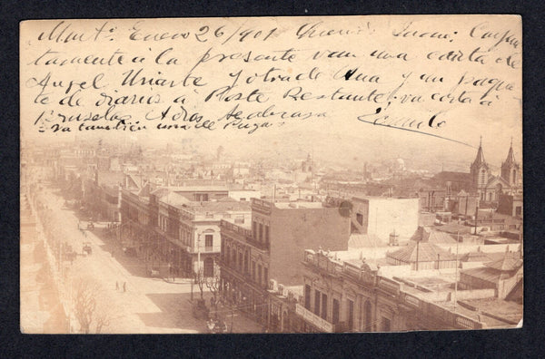 URUGUAY - 1901 - POSTAL STATIONERY: 2c brown on buff postal stationery card (H&G 44) with privately printed view in sepia on reverse showing the roof tops of Montevideo used with added 1900 1c green (SG 230) tied by MONTEVIDEO cds dated 28 JAN 1901. Addressed to FRANCE. Card has a central crease but rare.  (URU/38057)
