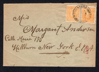 URUGUAY - 1913 - CANCELLATION: Cover franked with 2 x 1912 4c yellow TYPO 'Artigas' issue (SG 319) tied by fine PUEBLO JUAN LACAZE 'F44' cds dated 17 JUN 1913. Addressed to USA with MONTEVIDEO transit cds on reverse.  (URU/38062)