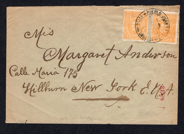URUGUAY - 1913 - CANCELLATION: Cover franked with 2 x 1912 4c yellow TYPO 'Artigas' issue (SG 319) tied by fine PUEBLO JUAN LACAZE 'F44' cds dated 17 JUN 1913. Addressed to USA with MONTEVIDEO transit cds on reverse.  (URU/38062)