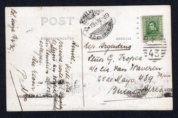 URUGUAY - 1939 - POSTCARD & SWISS COLONY: Real photographic PPC 'Colonia Suiza (Rep.O. del Uruguay) - Puerto Ingles' franked on message side with 1933 3c green (SG 690) tied by barred numeral 'F 43' with N. HELVECIA cds alongside dated 19. IV. 1939. Addressed to ARGENTINA.  (URU/38064)