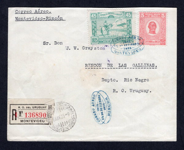 URUGUAY - 1925 - FIRST FLIGHT: Registered cover franked with 1925 5c rose and 45c blue green 'Centenary of Battle of Rincon' issue (SG 474/475) tied by oval CORREO AEREO 1825 24 SEPTIEMBRE 1925 MONTEVIDEO cancels in blue with printed registration label alongside. Flown on the MONTEVIDEO - RINCON first flight, addressed to RINCON with arrival marks on front & transit marks on reverse. (Muller #13)  (URU/38066)