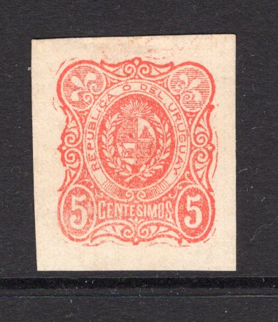 URUGUAY - 1876 - ESSAY: 5c red on white paper WELKER ESSAY stamp, a very fine imperf copy, ungummed with four margins.  (URU/38400)