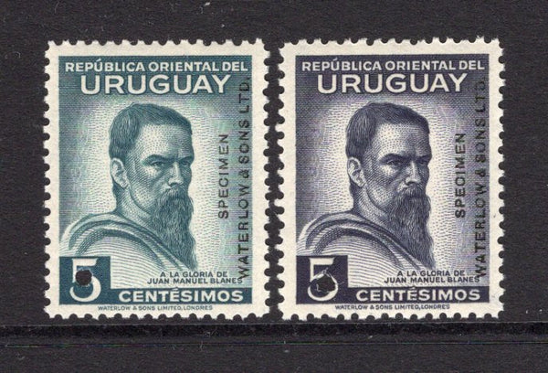 URUGUAY - 1941 - PROOF: 5c deep blue & 5c deep violet '40th Death Anniversary of Blanes' issue both fine WATERLOW COLOUR TRIALS in unissued colours, perforated and gummed with 'SPECIMEN WATERLOW & SONS LTD.' overprint in black. (As SG 858)  (URU/38446)