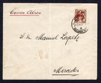 URUGUAY - 1921 - PIONEER AIRMAILS: Cover with manuscript 'Correo Aereo' at top left franked with single 1921 25c brown with 'CORREO AEREO' plane overprint in red (SG 376) used on the second day of issue tied by MONTEVIDEO SUCURSAL No.3 cds dated 12 NOV 1921, flown on the MONTEVIDEO - MERCEDES survey flight by 'Brunet'. Light vertical crease but rare. (Muller #4, rated 3000 pts)  (URU/39222)