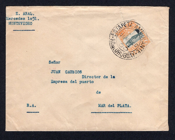 URUGUAY - 1933 - TRAVELLING POST OFFICES: Cover with typed 'E. Abal, Mercedes 1051 Montevideo' return address at top left franked with single 1919 4c grey & orange (SG 352) tied by superb strike of large ESTAFETA AMBULANTE 33 cds dated 26 AGO 1920 of the Montevideo - Mercedes line. Addressed to MAR DEL PLATA, ARGENTINA with arrival cds on reverse.  (URU/39224)
