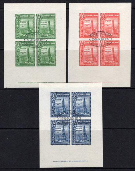 URUGUAY - 1927 - COMMEMORATIVES: 'Philatelic Exhibition, Montevideo' issue the set of three sheets of four fine used with special exhibition cancel. Uncommon. (SG 534/536)  (URU/39712)