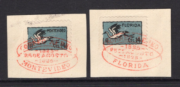 URUGUAY - 1925 - AIRMAILS: 14c black & blue 'White Necked Heron' issue the pair inscribed FLORIDA & MONTEVIDEO superb used tied on small pieces by red oval FLORIDA or MONTEVIDEO cancels. (SG 472/473)  (URU/39714)