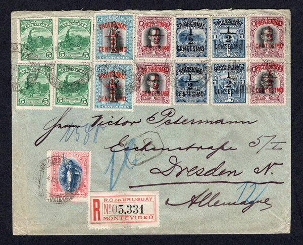 URUGUAY - 1899 - REGISTRATION & AR: Registered AR cover franked with 1897 4 x 5c green 'Train' issue and 25c blue and rose plus 1898 pair ½c on 1c deep blue, 4 x ½c on 1c black & claret, pair ½c on 2c blue and pair ½c on 5c black & pale 'Provisional' SURCHARGE issue (SG 185, 189, 209 & 211/213) all tied by MONTEVIDEO cds's dated 4 MAR 1899 with printed red on white 'MONTEVIDEO' registration label and small boxed 'A R' marking. Addressed to GERMANY with arrival cds on reverse. Very attractive.  (URU/39879)