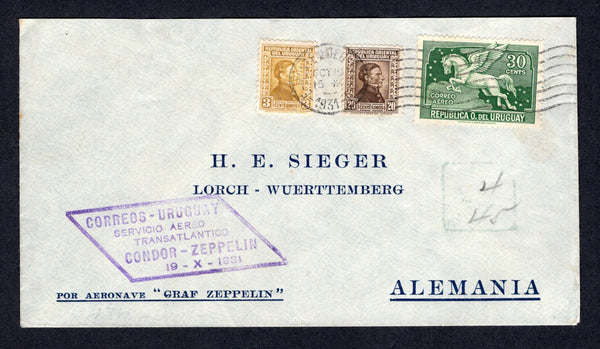 URUGUAY - 1931 - ZEPPELIN: Printed 'Por Aeronave "Graf Zeppelin"' cover franked with 1928 3c olive bistre and 20c chocolate 'Artigas' issue and 1930 30c myrtle 'Pegasus' issue (SG 546, 558 & 667) tied by MONTEVIDEO cancel dated OCT 19 1931. Flown on Zeppelin LZ127 on the third 'Sudamerikafahrt' with 'CORREOS - URUGUAY Servicio Aereo Transatlantico CONDOR - ZEPPELIN 19 - X - 1931' cachet in purple on front. Addressed to GERMANY with FRIEDERICHASHAFEN arrival cds on reverse. (Sieger #137)  (URU/39880)
