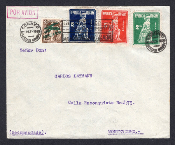 URUGUAY - 1923 - PIONEER AIRMAILS: Cover with boxed 'POR AVION' in red on front franked with 1921 25c brown 'CORREO AEREO' airplane overprint issue with overprint in green and 1923 'Battle of Sarandi' issue set of three (SG 377 & 433/435) tied by SARANDI GRANDE cds dated 12 OCT 1923 and also by commemorative cancel. Flown on the Special Sarandi Grande - Montevideo commemorative flight. Addressed to MONTEVIDEO with arrival cds on reverse. (Muller #7, 880 covers carried)  (URU/40285)