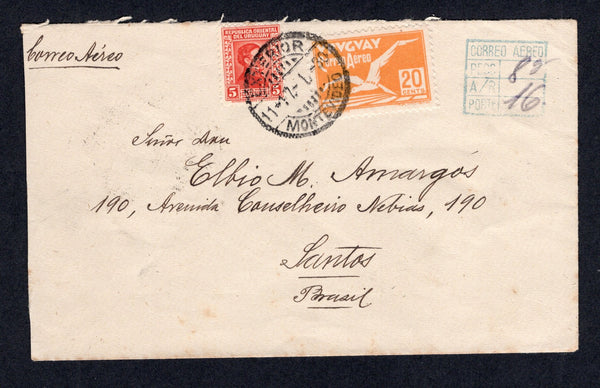 URUGUAY - 1930 - AIRMAIL: Cover with manuscript 'Correo Aereo' at top franked with 1928 5c scarlet 'Artigas' issue and 20c red orange 'Albatross' AIR issue (SG 548 & 570) tied by EXTERIOR MONTEVIDEO cds dated 17-1-1930 with boxed 'CORREO AEREO' tariff box marking in blue alongside. Addressed to SANTOS, BRAZIL with arrival cds dated the next day on reverse. A nice early commercial item.  (URU/40286)