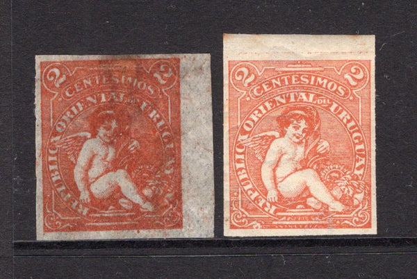 URUGUAY - 1904 - PROOF: 2c orange 'Cherub' LITHO issue, a fine IMPERF PROOF on very thin 'Onion Skin' paper plus an imperf example on thick white watermarked paper which is also possibly of proof status. (SG 253)  (URU/40720)