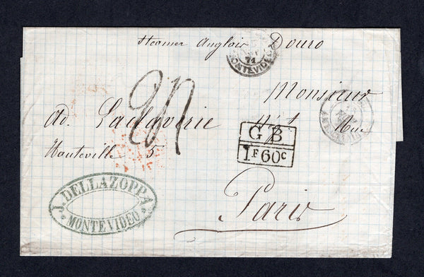 URUGUAY - 1871 - TRANSATLANTIC MAIL: Stampless cover with manuscript 'Steamer Anglais Douro' at top with oval 'J. DELLAZOPPA MONTEVIDEO' company handstamp at bottom left with small MONTEVIDEO cds dated NOV 1871 also on front. Addressed to FRANCE, rated '90' decimes with boxed 'G.B. 1F 60c' accountancy mark alongside and various other transit and arrival marks on front & back.  (URU/40880)