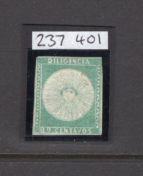URUGUAY - 1856 - DILIGENCIA ISSUE: 80c light green 'Diligencia' issue, a good unused example, margins tight to touching as is usual for this issue. Some slight thinning on reverse. 2023 RPSL certificate accompanies. (SG 2)  (URU/41016)