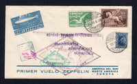 URUGUAY - 1930 - ZEPPELIN: Illustrated 'PRIMER VUELO ZEPPELIN' cover franked with 1928 8c indigo 'Artigas' issue, 10c yellow green 'Albatross' issue and 1929 40c sepia 'Pegasus' AIR issue (SG 551, 569 & 625) tied by MONTEVIDEO cds's dated 19. V 1930. Flown on the first 'Sudamerikafahrt' with triangular 'PRIMER VUELO SUDAMERICANO ZEPPELIN URUGUAY' cachet in green and large diamond 'Zeppelin' around the world cachet in purple on front. Addressed to GERMANY with FRIEDRICHSHAFEN arrival cds on reverse. (Sieger