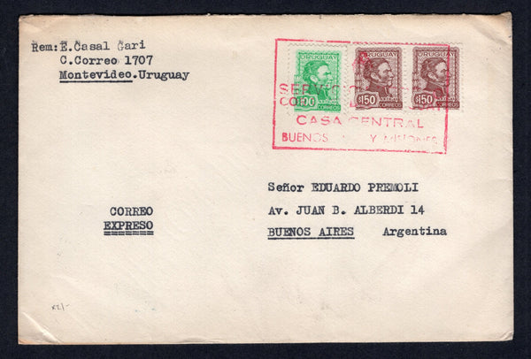 URUGUAY - 1973 - PRIVATE EXPRESS COMPANIES: Circa 1973. Cover with typed 'E. Casal Gari, C.Correo 1707, Montevideo. Uruguay' return address at top left and 'CORREO EXPRESSO' below franked with 1972 100p light emerald and pair 150p chocolate (SG 1522 & 1523) tied by large boxed SERVICIO EXPRESO CORREO DEL URUGUAY CASA CENTRAL BUENOS AIRES Y MISIONES cancel in red with two different printed red on white 350p 'Express' labels in reverse both surcharged '$350.-' in blue (one is for the internal part of the jou