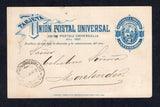 URUGUAY - 1889 - TRAVELLING POST OFFICES: 2c blue on white postal stationery card (H&G 31) datelined 'P de los Toros, Enero 5 / 89' on reverse (the village of Paso de los Toros in Tacuarembo department) used with ESTAFTA AMBULANTE A3 cds dated 5 JAN 1889. Addressed to MONTEVIDEO.  (URU/41500)