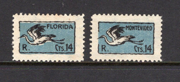 URUGUAY - 1925 - AIRMAILS: 14c black & blue 'White Necked Heron' issue the pair inscribed FLORIDA & MONTEVIDEO fine mint. Underrated issue in mint condition. (SG 472/473)  (URU/41564)