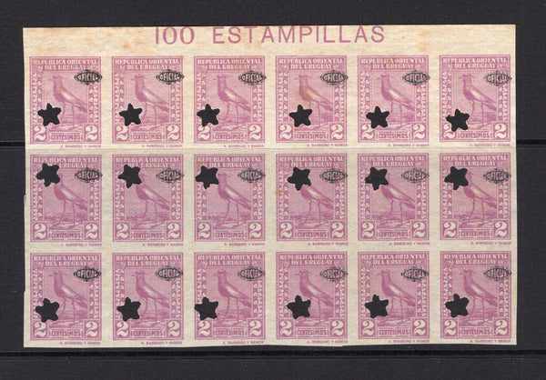 URUGUAY - 1926 - OFFICIALS: 2c rosy mauve 'Chilean Lapwing' BIRD issue, imperf overprinted 'OFICIAL' in oval with 'Star' hole punch, a fine unused top marginal block of eighteen with '100 ESTAMPILLAS' marginal inscription. Some light toning. (SG O499)  (URU/6382)