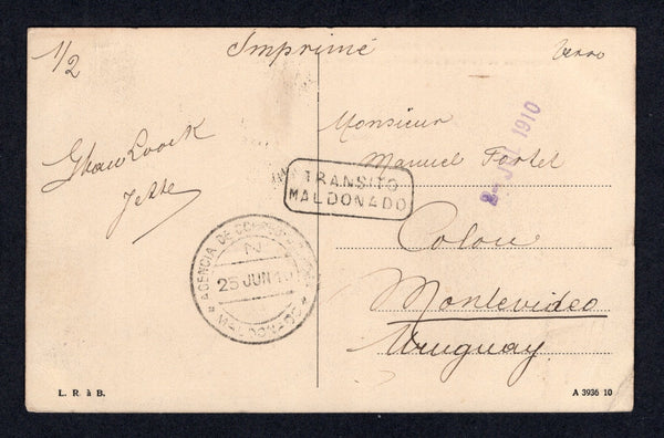 URUGUAY - 1910 - INSTRUCTIONAL MARK: Incoming PPC from BELGIUM franked with 1907 5c green (SG 108) tied by BRUSSELS cds. Addressed to MONTEVIDEO with MALDONADO arrival cds and fine strike of boxed TRANSITO MALDONADO marking.  (URU/671)