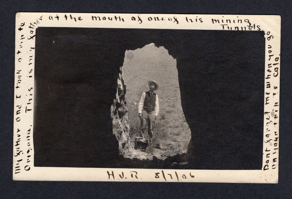 UNITED STATES OF AMERICA - 1906 - MINING & POSTCARD: Black & white PPC of 'Man standing at entrance to a mine' with manuscript 'My father and I took a trip to Arizona. This is my father at the mouth of one of his mining tunnels' along edge of picture franked on message side with 1902 1c blue green (SG 306) tied by LOS ANGELES machine cancel dated AUG 7 1906. Addressed to KANSAS.  (USA/38477)