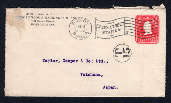 UNITED STATES OF AMERICA - 1907 - DESTINATION & TAXED MAIL: 2c carmine on white postal stationery envelope (H&G B356) used with BOSTON, MASS machine cancel dated JUN 14 1907. Addressed to YOKOHAMA, JAPAN, taxed with circular 'T 15' marking on front and YOKOHAMA arrival cds on reverse.  (USA/38564)