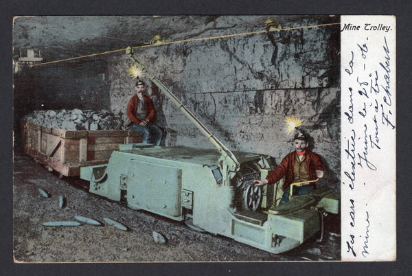 UNITED STATES OF AMERICA - 1906 - MINING: Colour PPC 'Mine Trolley' showing miners operating an electric mining train franked on message side with 1902 2c carmine (SG 307) tied by EASTON P.A. cds dated JUN 25 1906. Addressed to 'Mr Pierre Paccoud, Secretaire a la chefferin du genie, Tunis, Afrique' (the head of engineering for mining in Tunisia). The brief message relates to F Chabert a Tunisian official visiting the mine.  (USA/40306)