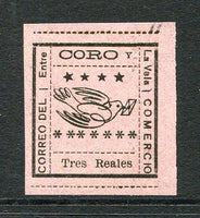 VENEZUELA - 1889 - LOCAL ISSUE - CORO Y LA VELA: 3r black on lilac local issue for 'CORO Y LA VELA' rouletted in black. A fine unused copy. Very scarce. (Hurt & Williams #10)  (VEN/10863)