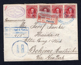 VENEZUELA - 1908 - REGISTRATION & AR: Registered cover franked with 1904 3 x 10c carmine and 1b claret on front tied by PUERTO CABELLO cds's and 4 x 5c green on reverse uncancelled (SG 312, 316 & 311). Addressed to AUSTRIA with boxed 'PUERTO CABELLO' registration marking and large 'AR' in circle in blue and red & white USA NY EXCHANGE transit registration label applied in transit. Arrival marks on reverse.  (VEN/10916)