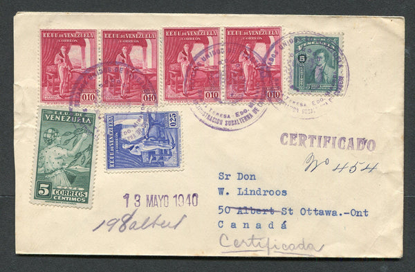 VENEZUELA - 1940 - CANCELLATION & REGISTRATION: Registered cover franked with 1938 5c blue green, 1939 4 x 10c carmine & 25c ultramarine and 1940 5c blue green (SG 542, 595, 597 & 601) tied by multiple strikes of large undated SANTA TERESA - EDO MIRANDA 'Arms' cancels with handstruck '13 MAYO 1940' date and straight line 'CERTIFICADO' markings alongside. Addressed to CANADA with transit and arrival marks on reverse.  (VEN/10920)