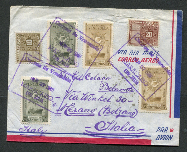 VENEZUELA - 1948 - POSTAL FISCALS: Airmail cover franked with 1945 10c brown and 20c red brown 'Timbre Fiscal' REVENUE issue plus 1948 2 x 15c yellow brown and 2 x 25c blackish olive AIR issues (SG 793 & 795) tied by boxed MARACAIBO cancels. Addressed to ITALY with arrival cds on reverse.  (VEN/10953)