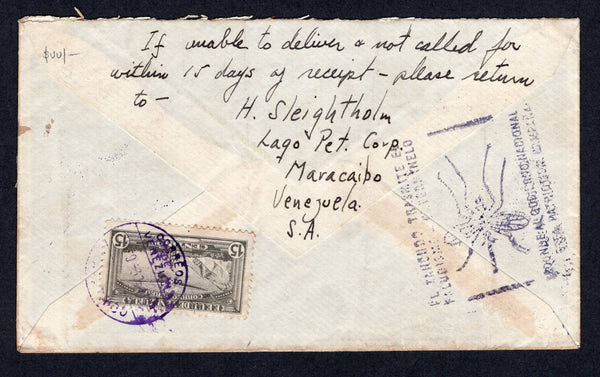 VENEZUELA - 1937 - ANTI MALARIA CACHET: Cover franked with 1932 5c brown, 1b 20c blue green and 1b 80c bright ultramarine 'Banknote' paper AIR issue on front tied by undated LAGUNILLAS 'Arms' cancel with handstruck 'SEP 29 1937' date alongside plus 1937 15c grey black on reverse tied by MARACAIBO cds (SG 426, 434, 436 & 472). Sent airmail to USA with fair strike of boxed 'EL ZANCUDO TRASMITE EL PALUDISMO EXTERMINELO Secunde al Gobierno Nacional en esta patriotica campana' illustrated Mosquito Eradication c