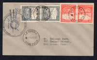 VENEZUELA - 1930 - FIRST FLIGHT: Cover franked with pair 1930 15c slate grey and pair 75c scarlet AIR issue (SG 397 & 400) tied by LA GUAIRA cds's dated 5 DIC 1930 with undated LA GUAIRA 'Arms' cachet alongside with manuscript 'Primer Vuelo'. Flown on the LA GUAIRA - MIAMI USA first flight. Addressed to NEW HAVEN USA with arrival mark on reverse. (Muller #50)  (VEN/10968)