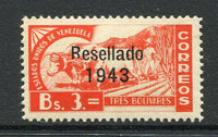 VENEZUELA - 1943 - PROVISIONAL ISSUE: 3b vermilion with 'RESELLADO 1943' overprint, a fine mint copy. (SG 661)  (VEN/10974)
