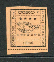 VENEZUELA - 1889 - LOCAL ISSUE - CORO Y LA VELA: 'Oficial' black on salmon local issue for 'CORO Y LA VELA' rouletted in black. A fine unused copy. Very scarce. (Hurt & Williams #12)  (VEN/17252)