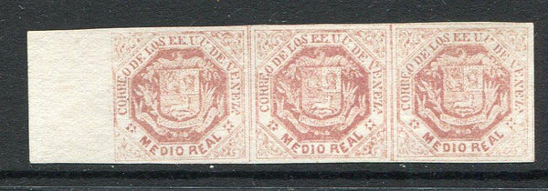 VENEZUELA - 1866 - POSTAL FORGERY: ½r lilac rose 'Square Type' POSTAL FORGERY, a fine unused side marginal strip of three, no gum. (As SG 25)  (VEN/18802)