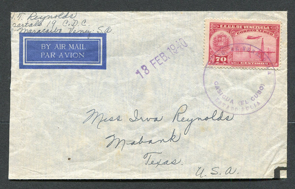 VENEZUELA - 1940 - CANCELLATION: Airmail cover franked with single 1938 70c carmine AIR issue (SG 523) tied by superb strike of large undated CASIGUA (EL CUBO) ESTADO ZULIA cancel in violet with '13 FEB 1940' dated handstamp alongside. Addressed to USA with MARACAIBO transit cds on reverse.  (VEN/19779)