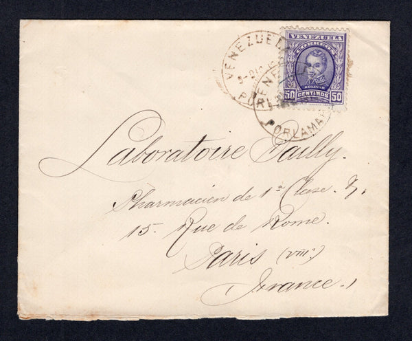 VENEZUELA - 1911 - CANCELLATION & ISLAND MAIL: Cover franked with single 1911 50c deep violet & violet (SG 338) tied by two strikes of PORLAMAR cds (P.O. on Margarita Island). Addressed to FRANCE.  (VEN/20436)