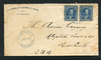 VENEZUELA - 1910 - CANCELLATION: Cover with printed 'J. CARRILLO GUERRA E HIJOS - PAMPAN' at top left franked with pair 1904 25c deep ultramarine (SG 314) tied by PAMPANITO cds with second fine strike alongside. Addressed to USA. Scarce origination.  (VEN/21203)