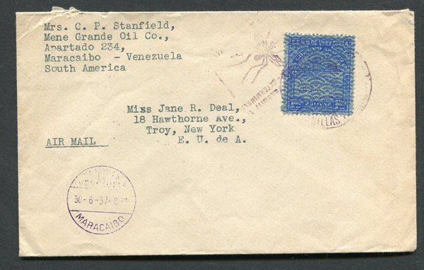 VENEZUELA - 1933 - ANTI MALARIA CACHET: Cover franked with 1932 25c scarlet 'Banknote' paper issue (SG 419) tied by undated SAN CRISTOBAL 'Arms' cancel with handstruck '16 AGO 1933' date alongside. Addressed to USA with fair strike of boxed 'EL ZANCUDO TRASMITE EL PALUDISMO EXTERMINELO Secunde al Gobierno Nacional en esta patriotica campana' illustrated Mosquito Eradication cachet in purple on front. Uncommon.  (VEN/2392)