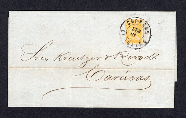 VENEZUELA - 1861 - CLASSIC ISSUES: Complete folded letter franked with 1859 ½r yellow 'Coarse' impression (SG 6) three large margins, cut into at left tied by fine CORREOS LA GUAIRA cds. Addressed to CARACAS.  (VEN/24059)