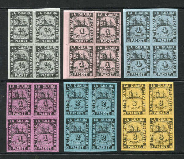 VENEZUELA - 1864 - LA GUAIRA LOCAL ISSUES - FORGERIES: 1c black on rose & 4c black on blue (Type A) and ½c black on grey, 1c black on purple, 2c black on blue and 3c black on brownish orange (Type C) LA GUAIRA 'Ship' issue FORGERIES all in fine unused blocks of four. These are the 1976 facsimiles printed for the Ringstrom & Tester book. (As SG 2, 5, 7, 9/11)  (VEN/25732)