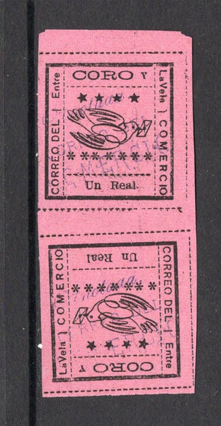 VENEZUELA - 1889 - LOCAL ISSUE - CORO Y LA VELA: 1r black on rose local issue for 'CORO Y LA VELA' rouletted in black. A fine TETE BECHE PAIR used with light 'ANOTADA CORREO DEL KOMERCIO marking in purple. Rare. 2021 Pedro Meri certificate accompanies. (Hurt & Williams #8)  (VEN/25755)