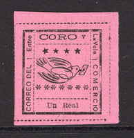 VENEZUELA - 1889 - LOCAL ISSUE - CORO Y LA VELA: 1r black on rose local issue for 'CORO Y LA VELA' rouletted in black. A fine unused copy. (Hurt & Williams #8)  (VEN/25756)