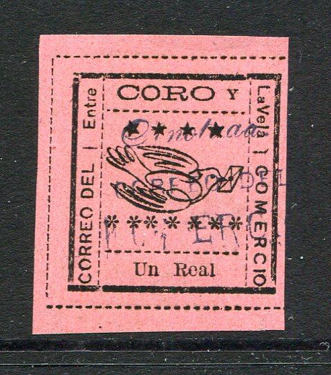 VENEZUELA - 1889 - LOCAL ISSUE - CORO Y LA VELA: 1r black on rose local issue for 'CORO Y LA VELA' rouletted in black. A fine used copy with light 'ANOTADA CORREO DEL KOMERCIO marking in purple. (Hurt & Williams #8)  (VEN/25757)
